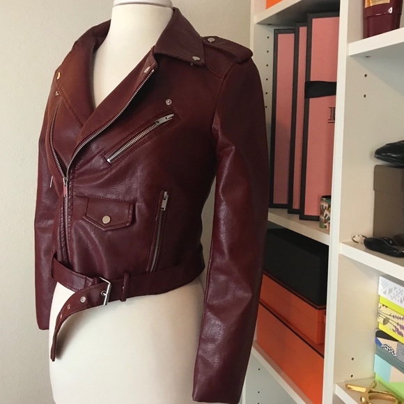Burgundy Moto Biker Motorcycle Jacket - Maroon Red - Picture 4 of 7
